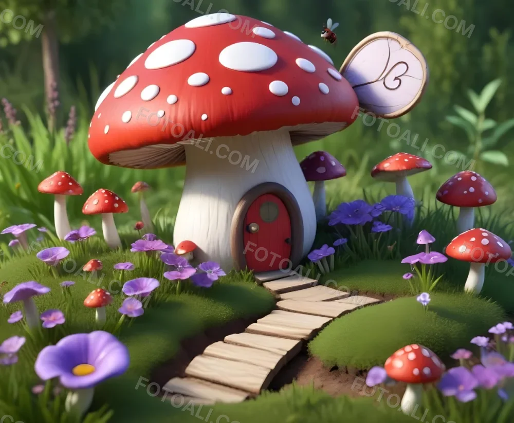Digital Painting A Whimsical Scene Featuring A Small Mushroom House With A Red Roof And White Spots Surrounded By Large Purple Mushrooms Green Grass And Colorful Flowers There Are Several Cartoonish Ants One Wearing 23 D32c