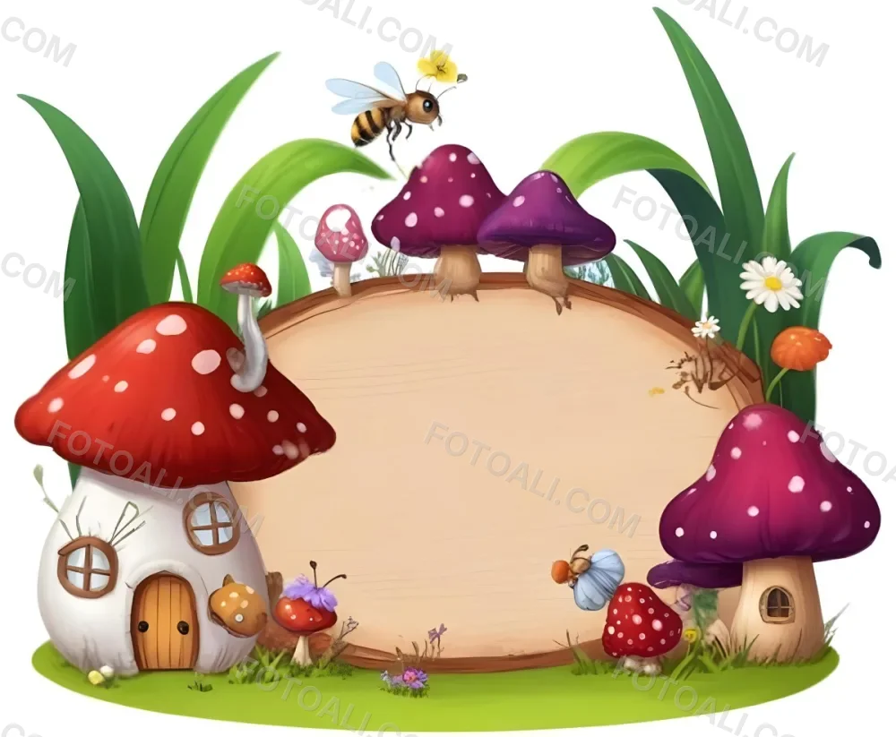 Digital Painting A Whimsical Scene Featuring A Small Mushroom House With A Red Roof And White Spots Surrounded By Large Purple Mushrooms Green Grass And Colorful Flowers There Are Several Cartoonish Ants One Wearing 37 9065
