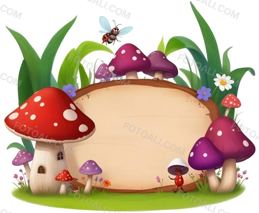 Digital Painting A Whimsical Scene Featuring A Small Mushroom House With A Red Roof And White Spots Surrounded By Large Purple Mushrooms Green Grass And Colorful Flowers There Are Several Cartoonish Ants One Wearing 39 Cee8