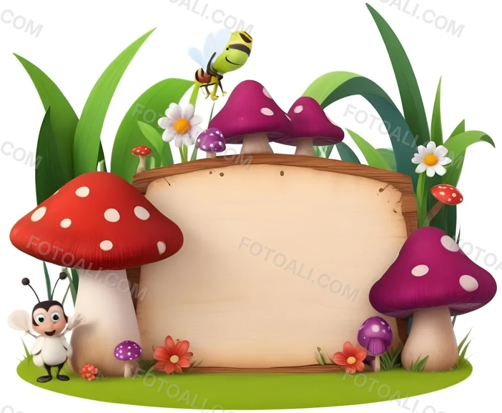 Digital Painting A Whimsical Scene Featuring A Small Mushroom House With A Red Roof And White Spots Surrounded By Large Purple Mushrooms Green Grass And Colorful Flowers There Are Several Cartoonish Ants One Wearing 4 D8ed
