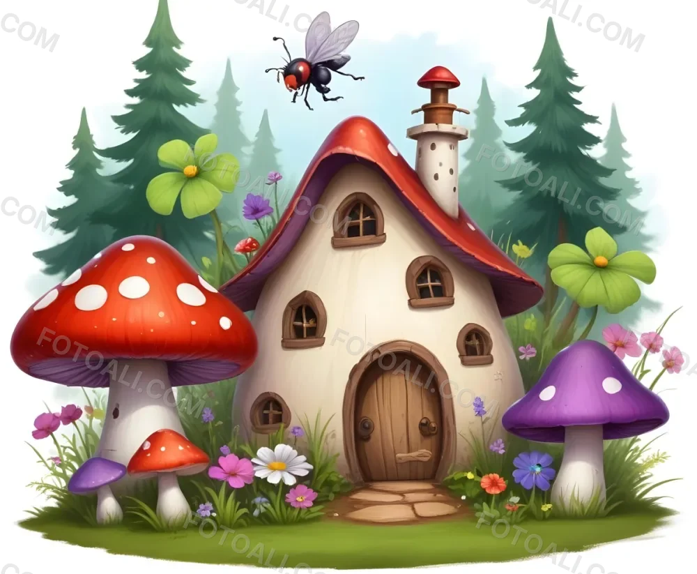Digital Painting A Whimsical Scene Featuring A Small Mushroom House With A Red Roof And White Spots Surrounded By Large Purple Mushrooms Green Grass And Colorful Flowers There Are Several Cartoonish Ants One Wearing 40 337b