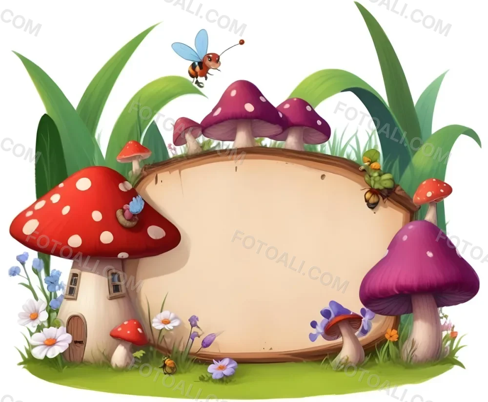 Digital Painting A Whimsical Scene Featuring A Small Mushroom House With A Red Roof And White Spots Surrounded By Large Purple Mushrooms Green Grass And Colorful Flowers There Are Several Cartoonish Ants One Wearing 41 7794