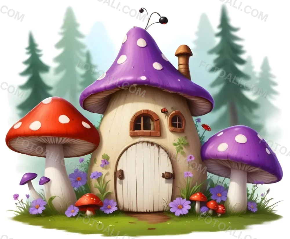 Digital Painting A Whimsical Scene Featuring A Small Mushroom House With A Red Roof And White Spots Surrounded By Large Purple Mushrooms Green Grass And Colorful Flowers There Are Several Cartoonish Ants One Wearing 42 4400