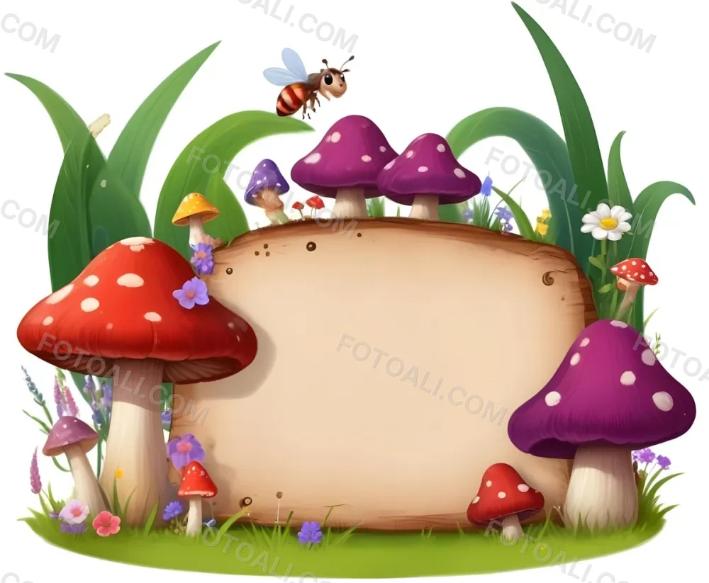 Digital Painting A Whimsical Scene Featuring A Small Mushroom House With A Red Roof And White Spots Surrounded By Large Purple Mushrooms Green Grass And Colorful Flowers There Are Several Cartoonish Ants One Wearing 44 F60c