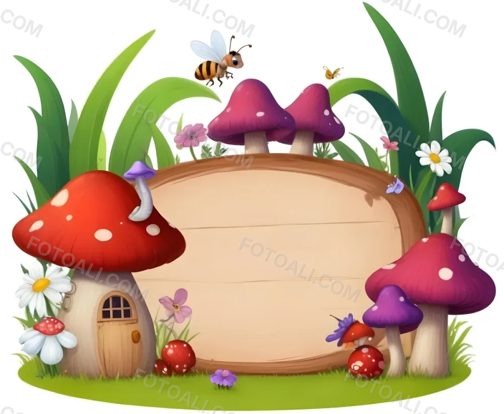 Digital Painting A Whimsical Scene Featuring A Small Mushroom House With A Red Roof And White Spots Surrounded By Large Purple Mushrooms Green Grass And Colorful Flowers There Are Several Cartoonish Ants One Wearing 45 875e