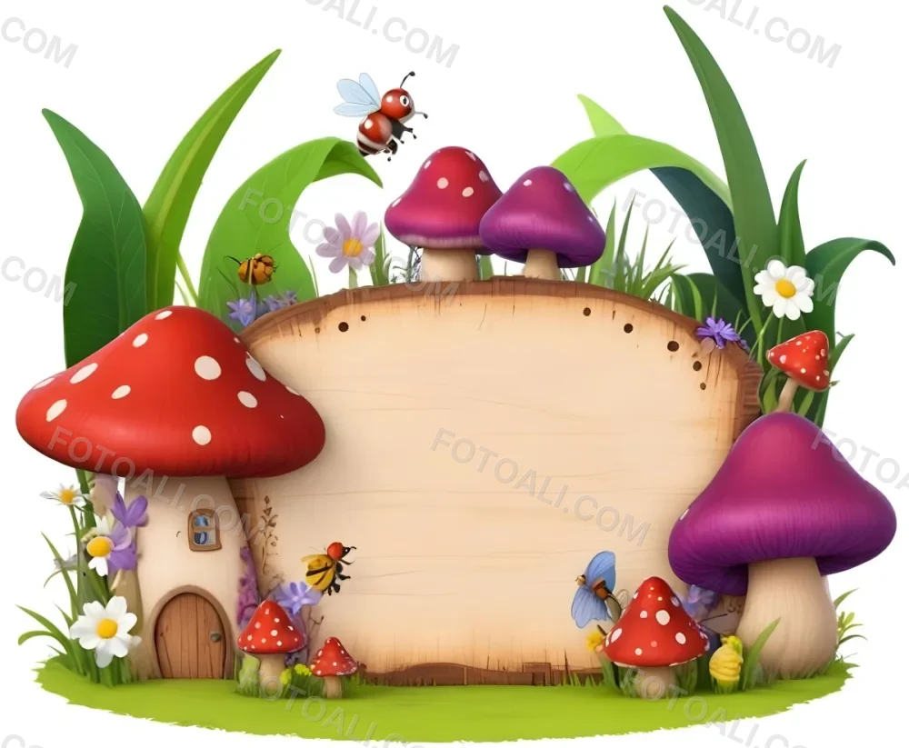Digital Painting A Whimsical Scene Featuring A Small Mushroom House With A Red Roof And White Spots Surrounded By Large Purple Mushrooms Green Grass And Colorful Flowers There Are Several Cartoonish Ants One Wearing 6 4770