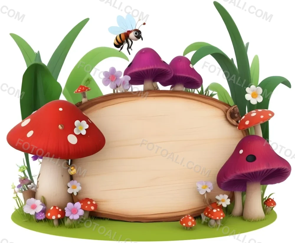Digital Painting A Whimsical Scene Featuring A Small Mushroom House With A Red Roof And White Spots Surrounded By Large Purple Mushrooms Green Grass And Colorful Flowers There Are Several Cartoonish Ants One Wearing 8 0087