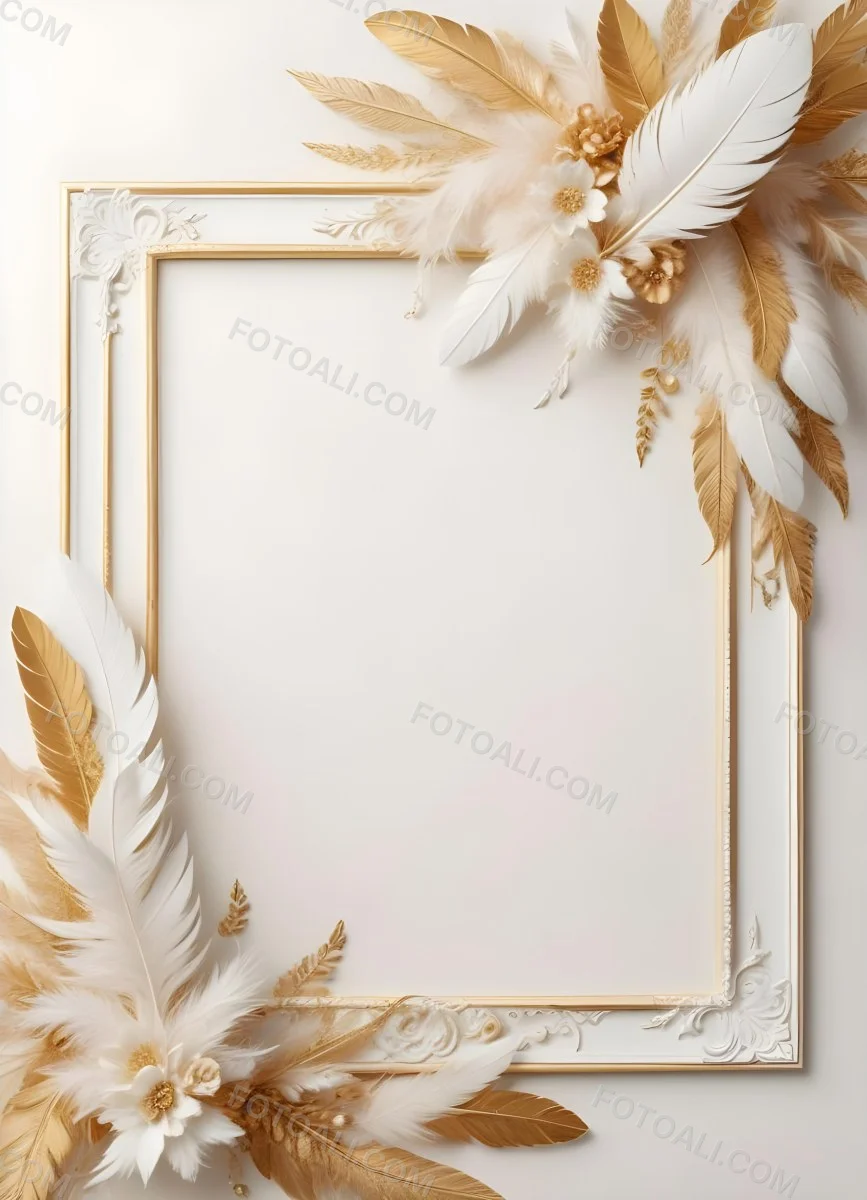 Digital Painting A White And Gold Floral Frame With Feathers And Ornate Decorative Elements On A Light Background Bold And Slim Lines Brush Strokes 18 96bb