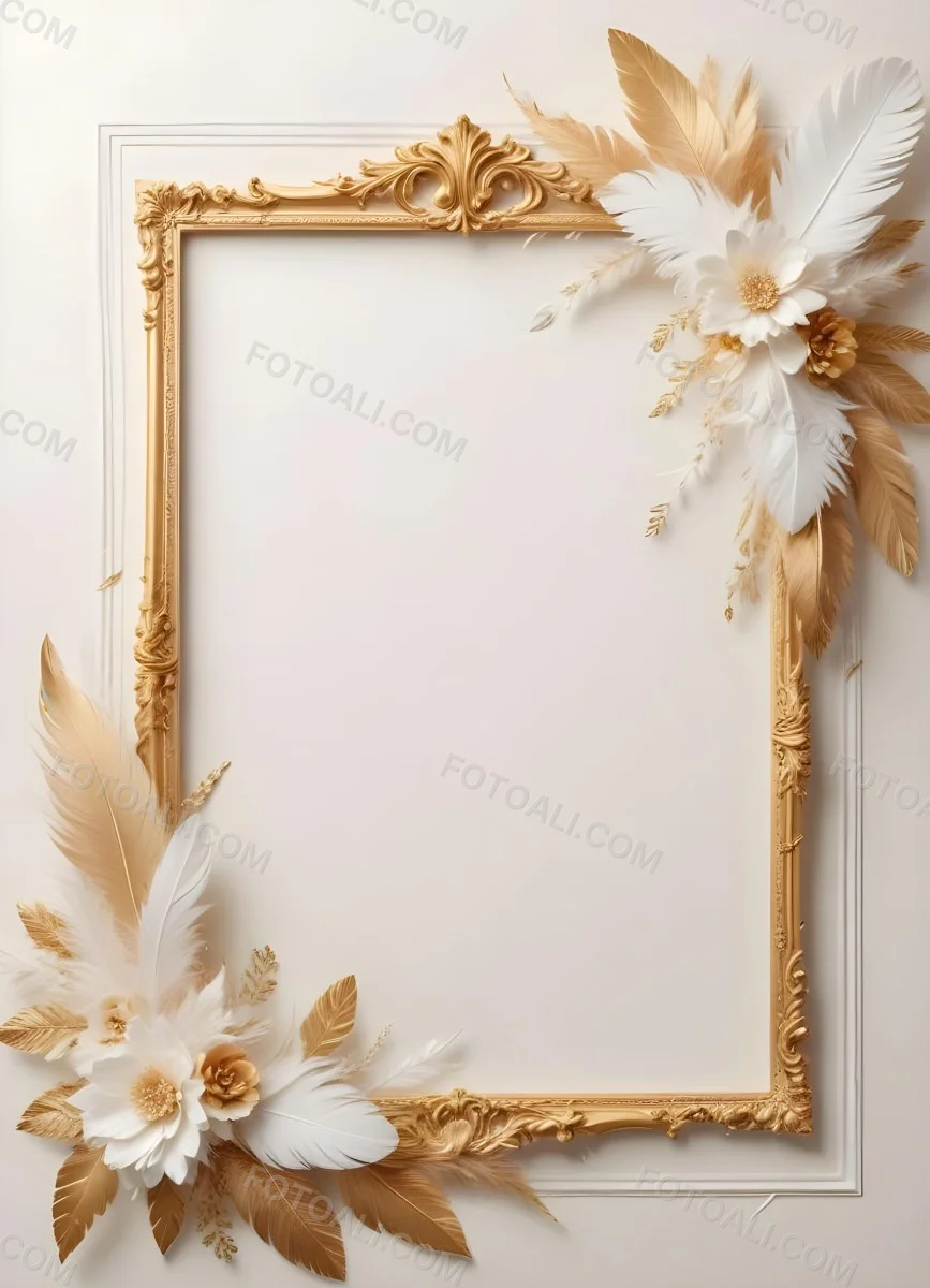 Digital Painting A White And Gold Floral Frame With Feathers And Ornate Decorative Elements On A Light Background Bold And Slim Lines Brush Strokes 2 D384