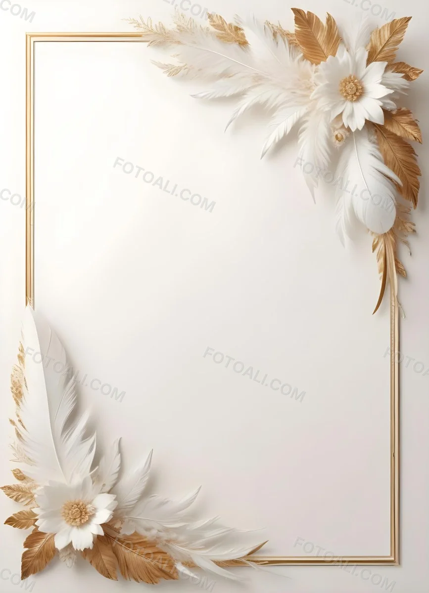 Digital Painting A White And Gold Floral Frame With Feathers And Ornate Decorative Elements On A Light Background Bold And Slim Lines Brush Strokes 20 2858