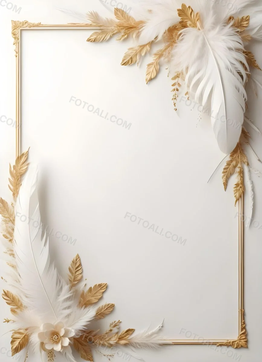 Digital Painting A White And Gold Floral Frame With Feathers And Ornate Decorative Elements On A Light Background Bold And Slim Lines Brush Strokes 23 9f9b