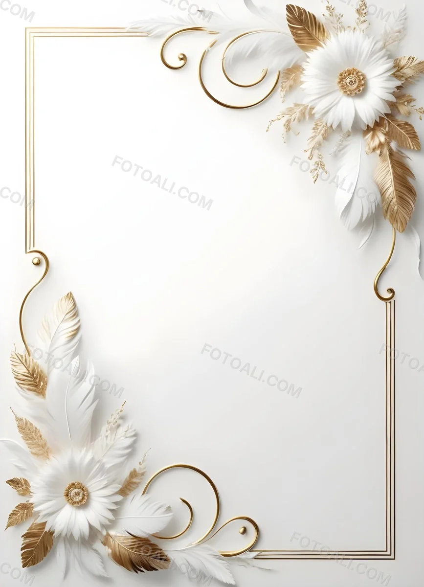 Digital Painting A White And Gold Floral Frame With Feathers And Ornate Decorative Elements On A Light Background Bold And Slim Lines Brush Strokes 26 B490