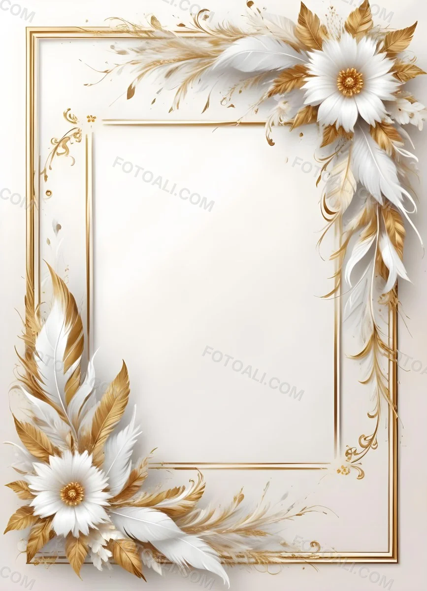 Digital Painting A White And Gold Floral Frame With Feathers And Ornate Decorative Elements On A Light Background Bold And Slim Lines Brush Strokes 28 724a