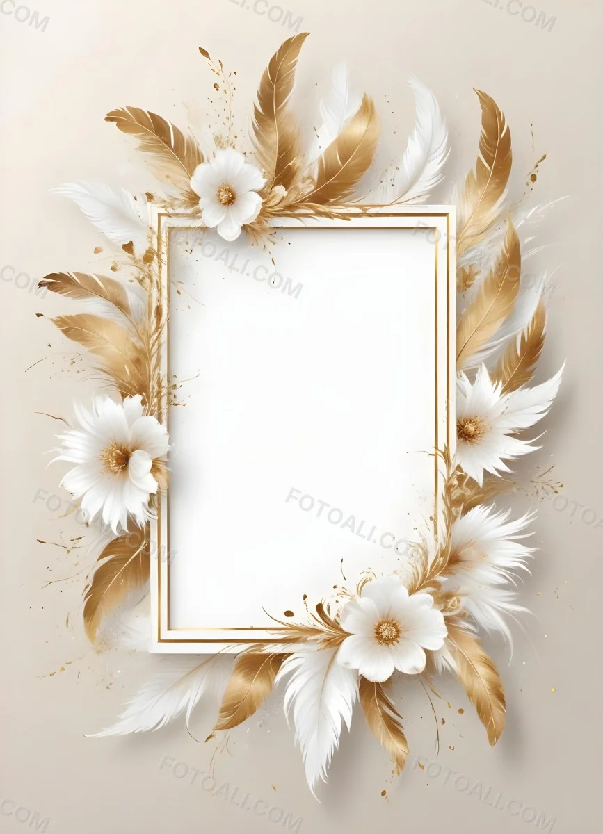 Digital Painting A White And Gold Floral Frame With Feathers And Ornate Decorative Elements On A Light Background Bold And Slim Lines Brush Strokes 30 C7b0