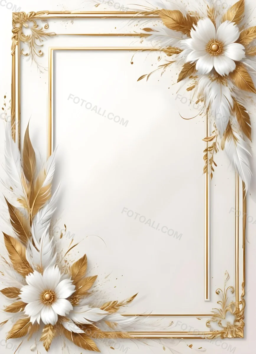 Digital Painting A White And Gold Floral Frame With Feathers And Ornate Decorative Elements On A Light Background Bold And Slim Lines Brush Strokes 39 A094
