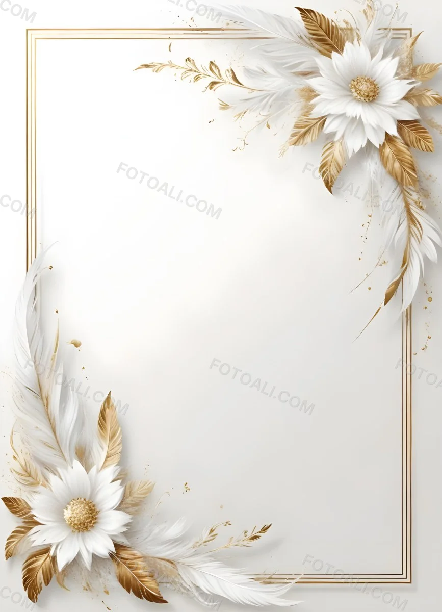 Digital Painting A White And Gold Floral Frame With Feathers And Ornate Decorative Elements On A Light Background Bold And Slim Lines Brush Strokes 47 4c2c