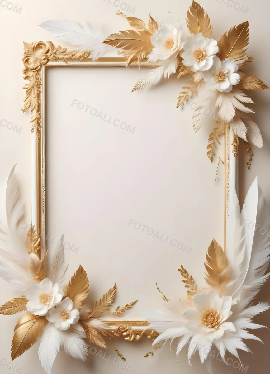 Digital Painting A White And Gold Floral Frame With Feathers And Ornate Decorative Elements On A Light Background Bold And Slim Lines Brush Strokes 5 742a