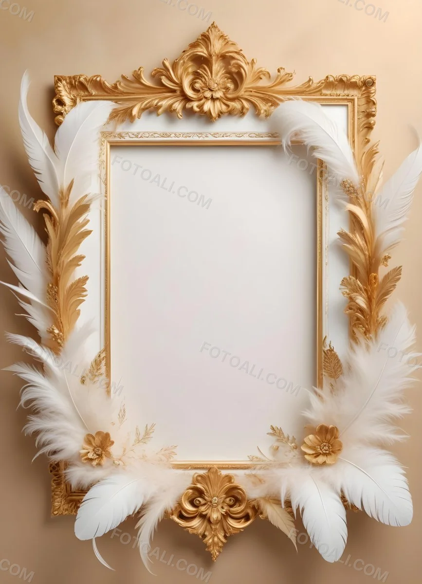 Digital Painting A White And Gold Floral Frame With Feathers And Ornate Decorative Elements On A Light Background Bold And Slim Lines Brush Strokes 6 7d14
