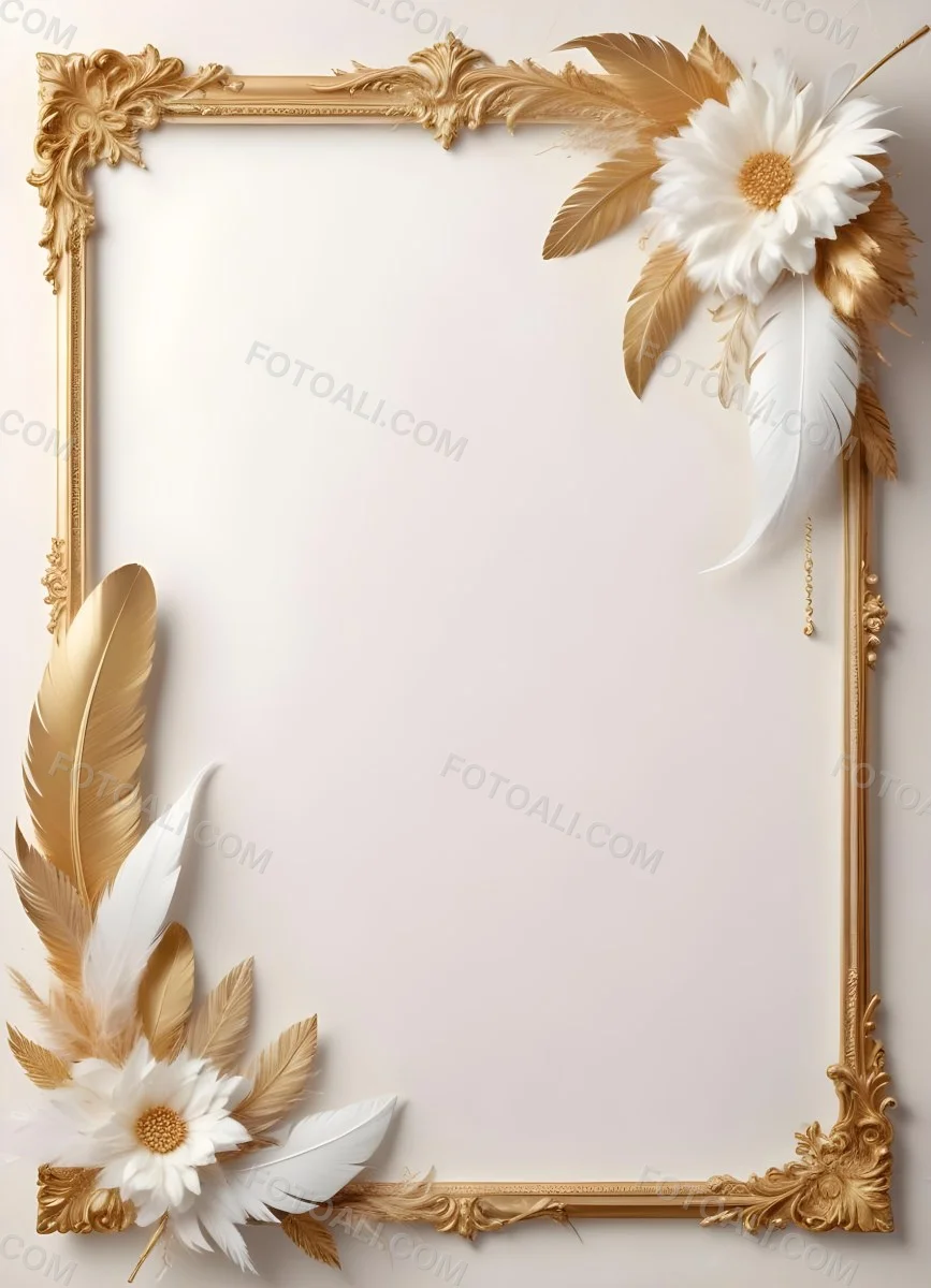 Digital Painting A White And Gold Floral Frame With Feathers And Ornate Decorative Elements On A Light Background Bold And Slim Lines Brush Strokes 7 56a1