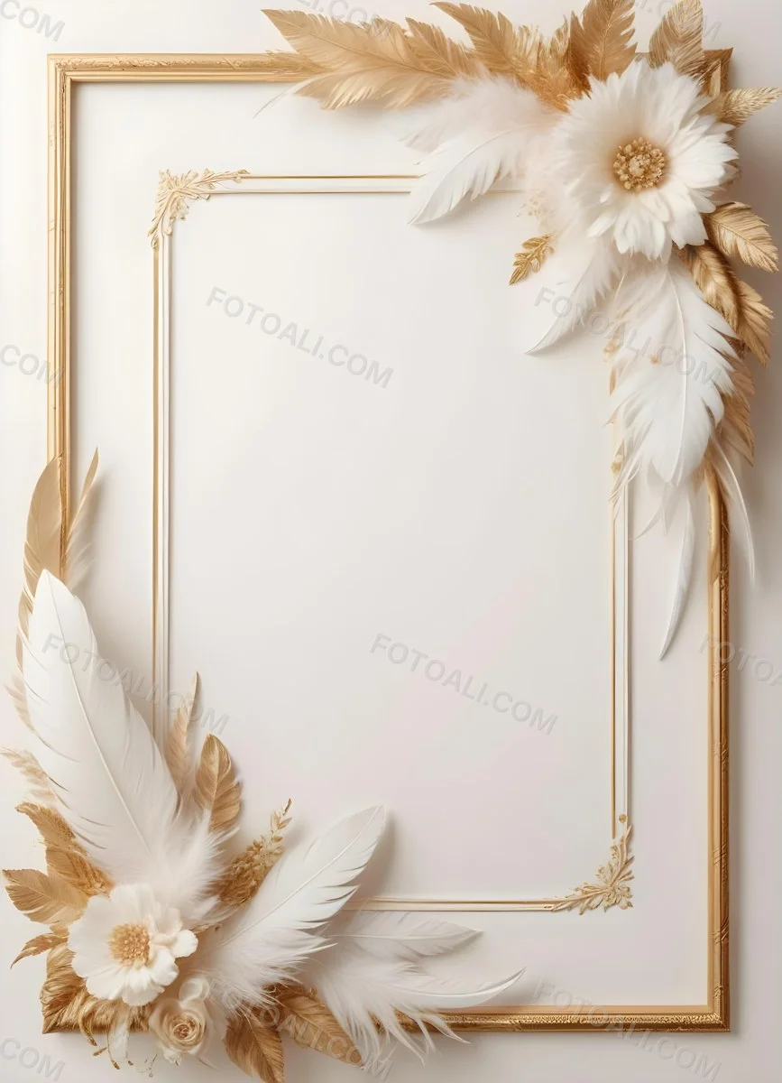 Digital Painting A White And Gold Floral Frame With Feathers And Ornate Decorative Elements On A Light Background Bold And Slim Lines Brush Strokes 9 79a5
