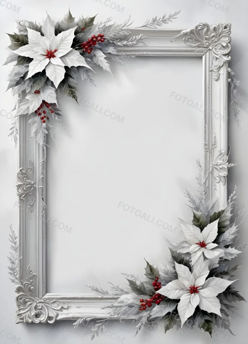 Digital Painting A White And Silver Winter Frame With Decorative Floral Elements Including Poinsettia Flowers And Pine Branches Against A Light Background Bold And Slim Lines Brush Strokes 12 Fb27
