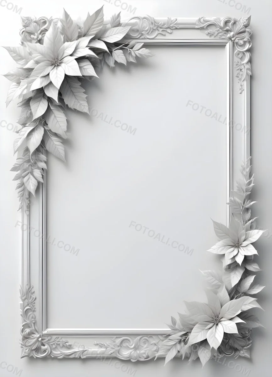 Digital Painting A White And Silver Winter Frame With Decorative Floral Elements Including Poinsettia Flowers And Pine Branches Against A Light Background Bold And Slim Lines Brush Strokes 18 B9bc