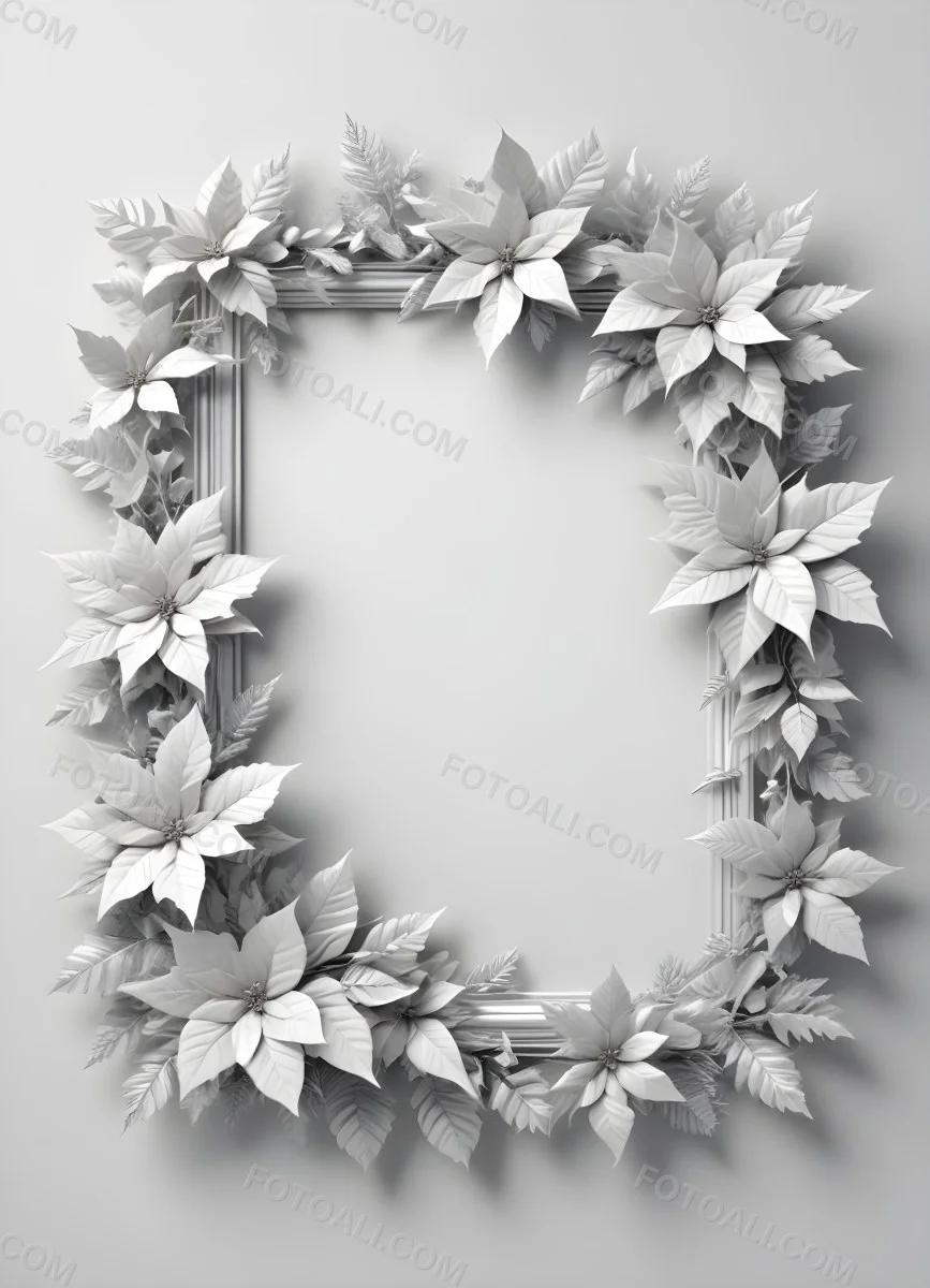Digital Painting A White And Silver Winter Frame With Decorative Floral Elements Including Poinsettia Flowers And Pine Branches Against A Light Background Bold And Slim Lines Brush Strokes 43 56bc