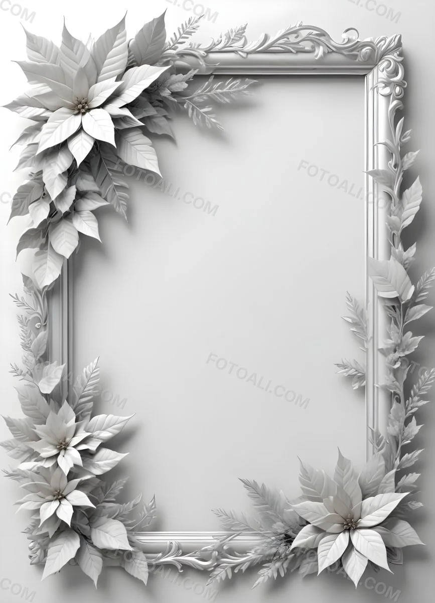 Digital Painting A White And Silver Winter Frame With Decorative Floral Elements Including Poinsettia Flowers And Pine Branches Against A Light Background Bold And Slim Lines Brush Strokes 47 4997