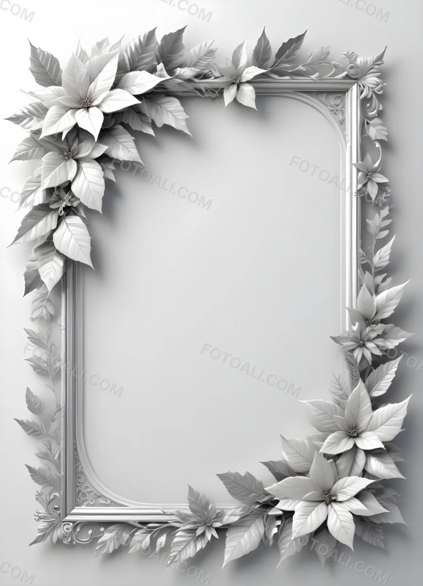Digital Painting A White And Silver Winter Frame With Decorative Floral Elements Including Poinsettia Flowers And Pine Branches Against A Light Background Bold And Slim Lines Brush Strokes 52 E647