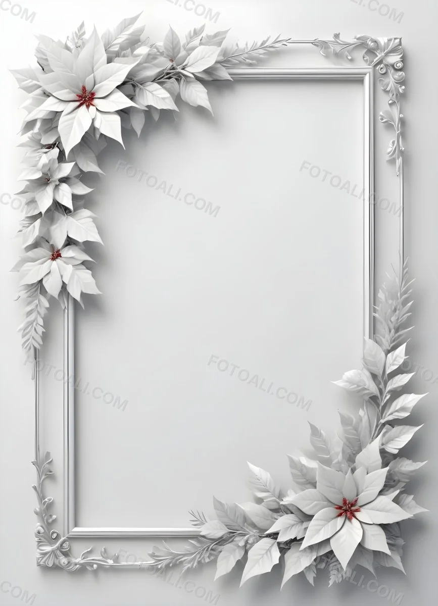 Digital Painting A White And Silver Winter Frame With Decorative Floral Elements Including Poinsettia Flowers And Pine Branches Against A Light Background Bold And Slim Lines Brush Strokes 56 A51c