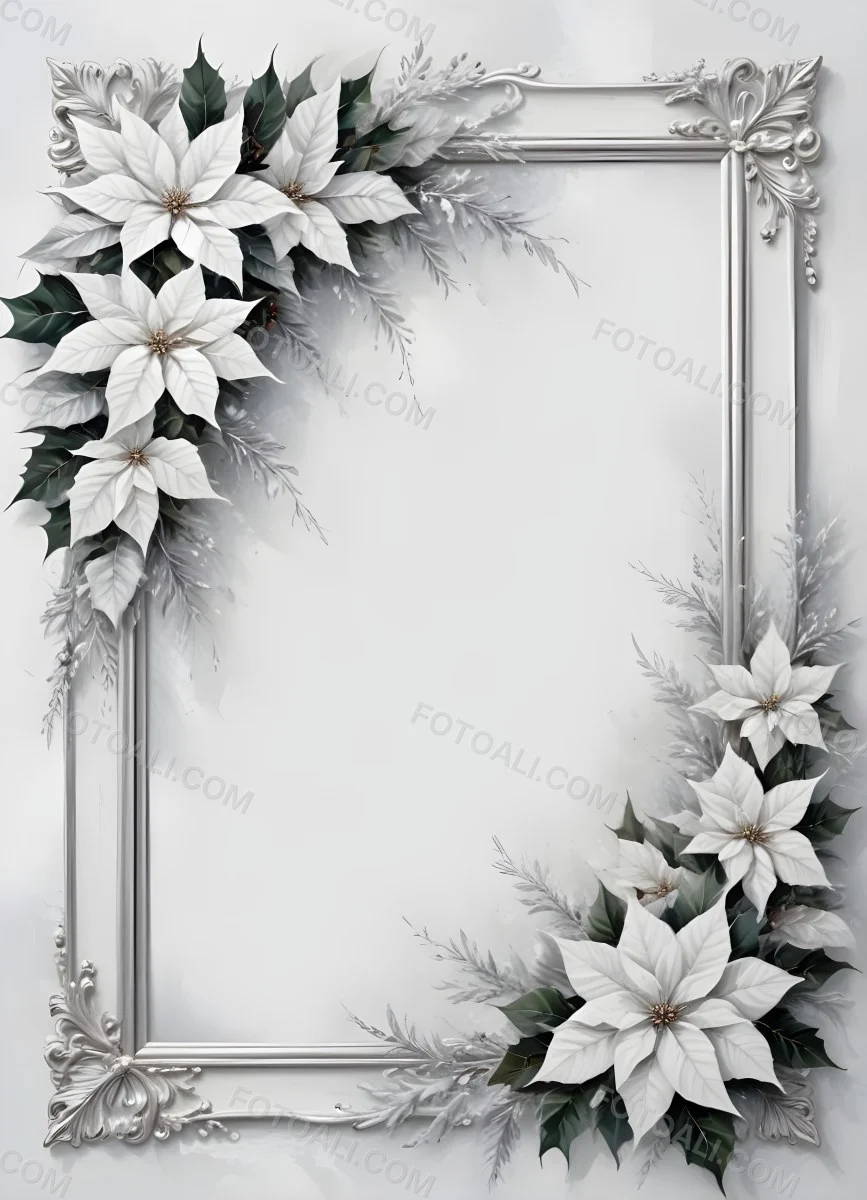 Digital Painting A White And Silver Winter Frame With Decorative Floral Elements Including Poinsettia Flowers And Pine Branches Against A Light Background Bold And Slim Lines Brush Strokes 6 52b5