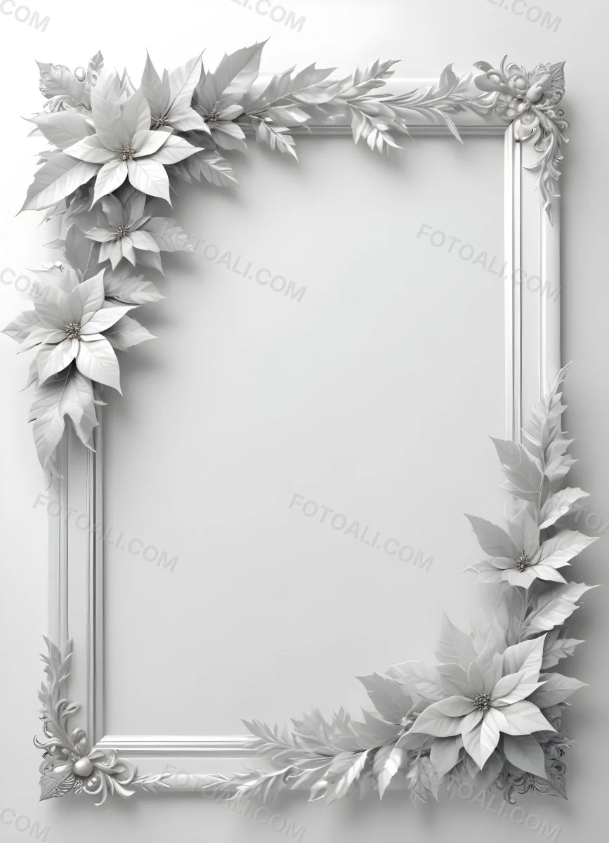 Digital Painting A White And Silver Winter Frame With Decorative Floral Elements Including Poinsettia Flowers And Pine Branches Against A Light Background Bold And Slim Lines Brush Strokes 60 E1fd