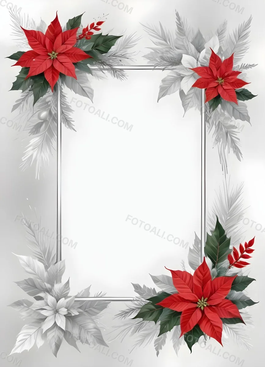 Digital Painting A White And Silver Winter Frame With Decorative Floral Elements Including Poinsettia Flowers And Pine Branches Against A Light Background Bold And Slim Lines Brush Strokes 79 93fd