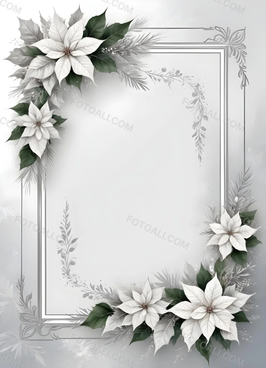 Digital Painting A White And Silver Winter Frame With Decorative Floral Elements Including Poinsettia Flowers And Pine Branches Against A Light Background Bold And Slim Lines Brush Strokes 82 085a