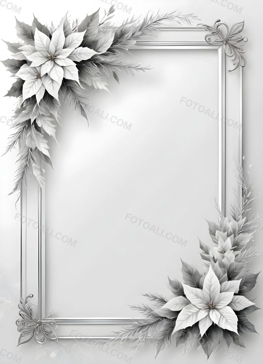 Digital Painting A White And Silver Winter Frame With Decorative Floral Elements Including Poinsettia Flowers And Pine Branches Against A Light Background Bold And Slim Lines Brush Strokes 85 0ea5