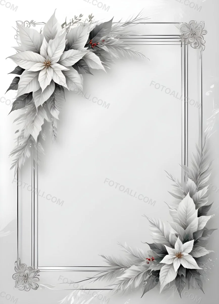 Digital Painting A White And Silver Winter Frame With Decorative Floral Elements Including Poinsettia Flowers And Pine Branches Against A Light Background Bold And Slim Lines Brush Strokes 86 A142