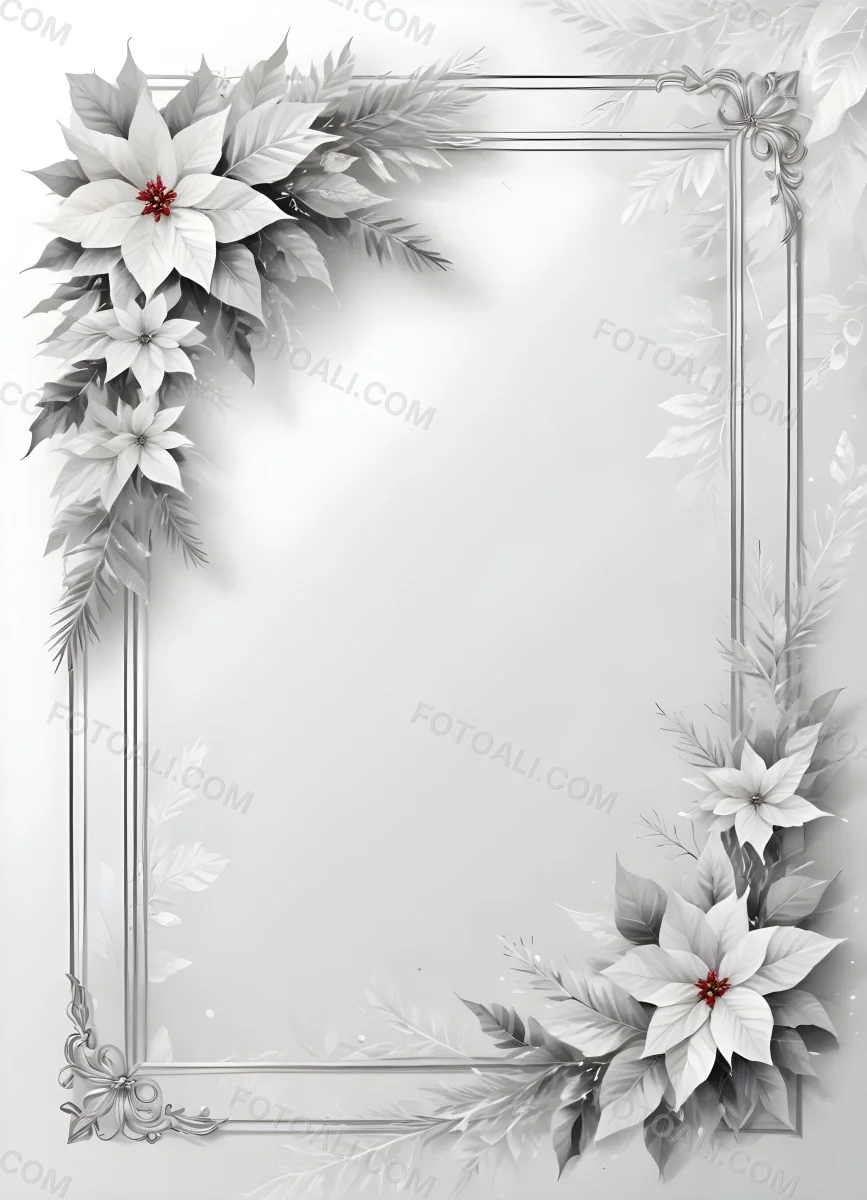Digital Painting A White And Silver Winter Frame With Decorative Floral Elements Including Poinsettia Flowers And Pine Branches Against A Light Background Bold And Slim Lines Brush Strokes 89 E3c2