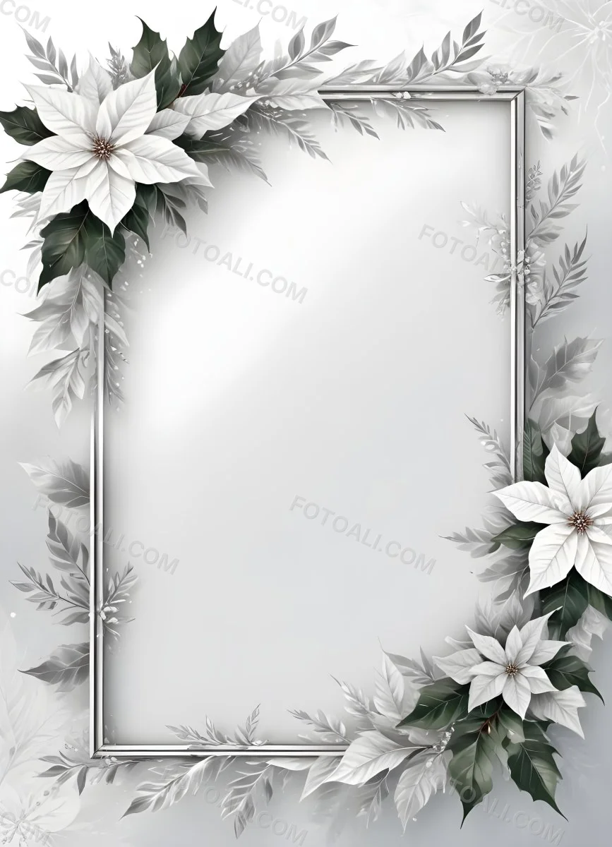 Digital Painting A White And Silver Winter Frame With Decorative Floral Elements Including Poinsettia Flowers And Pine Branches Against A Light Background Bold And Slim Lines Brush Strokes 90 Ec26