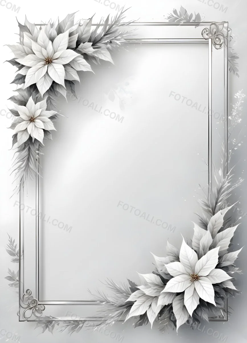 Digital Painting A White And Silver Winter Frame With Decorative Floral Elements Including Poinsettia Flowers And Pine Branches Against A Light Background Bold And Slim Lines Brush Strokes 91 877f