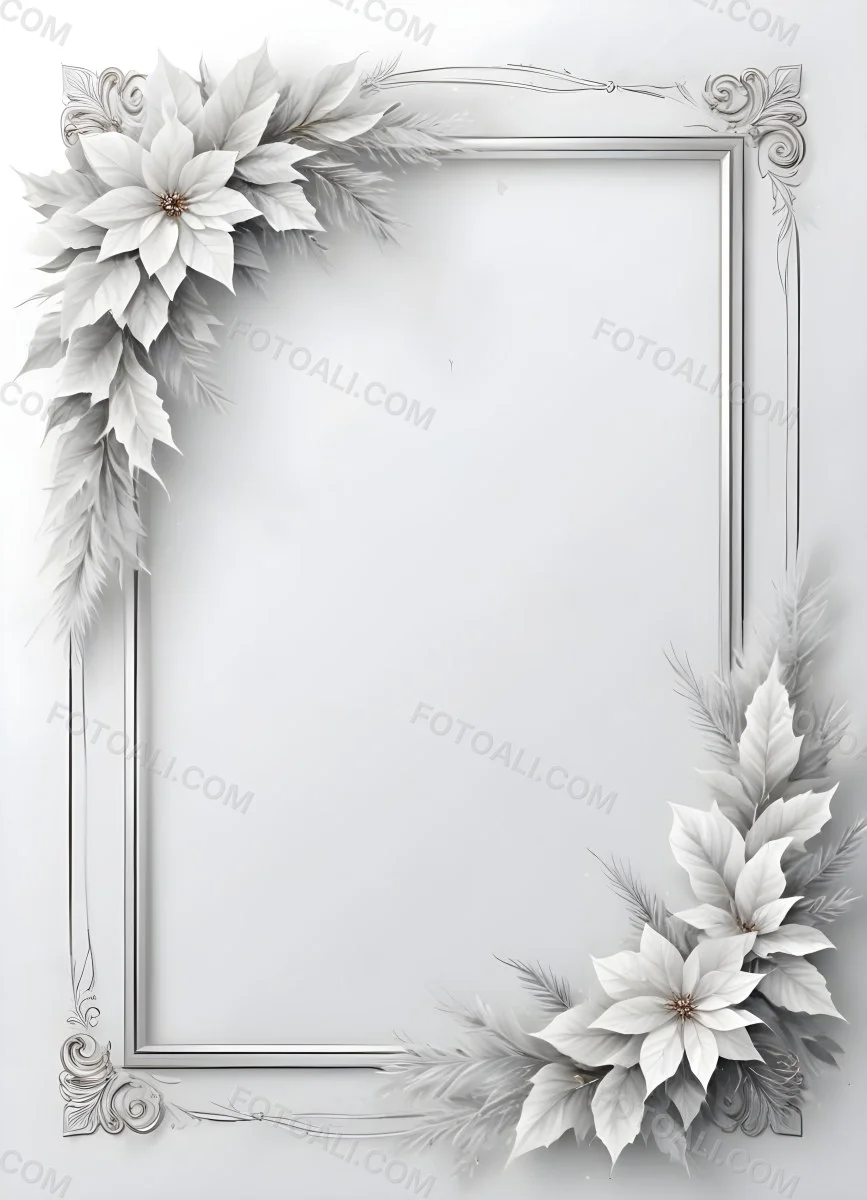 Digital Painting A White And Silver Winter Frame With Decorative Floral Elements Including Poinsettia Flowers And Pine Branches Against A Light Background Bold And Slim Lines Brush Strokes 92 B451