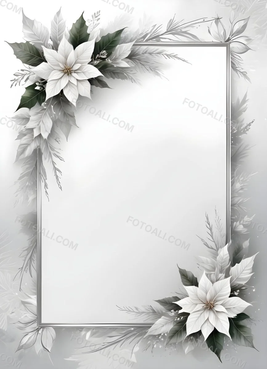Digital Painting A White And Silver Winter Frame With Decorative Floral Elements Including Poinsettia Flowers And Pine Branches Against A Light Background Bold And Slim Lines Brush Strokes 93 9079