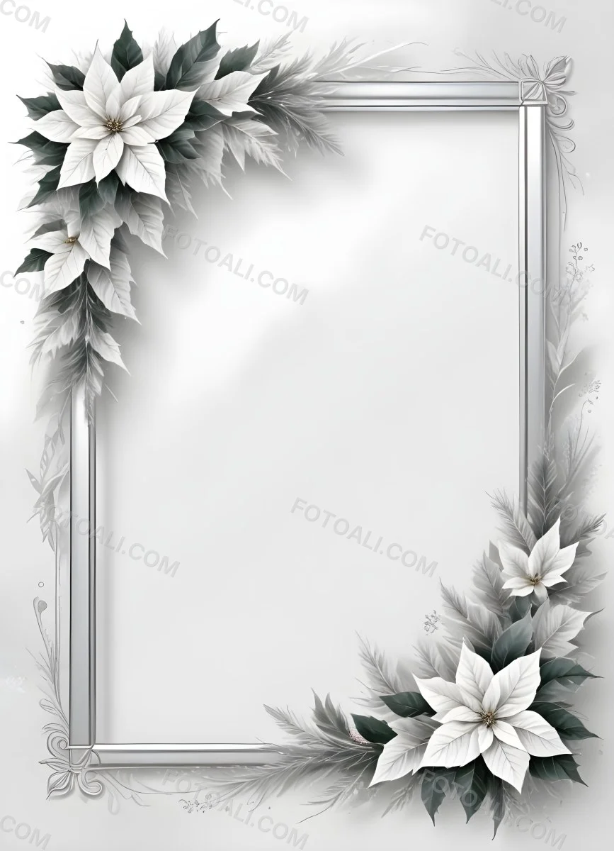 Digital Painting A White And Silver Winter Frame With Decorative Floral Elements Including Poinsettia Flowers And Pine Branches Against A Light Background Bold And Slim Lines Brush Strokes 94 2b51