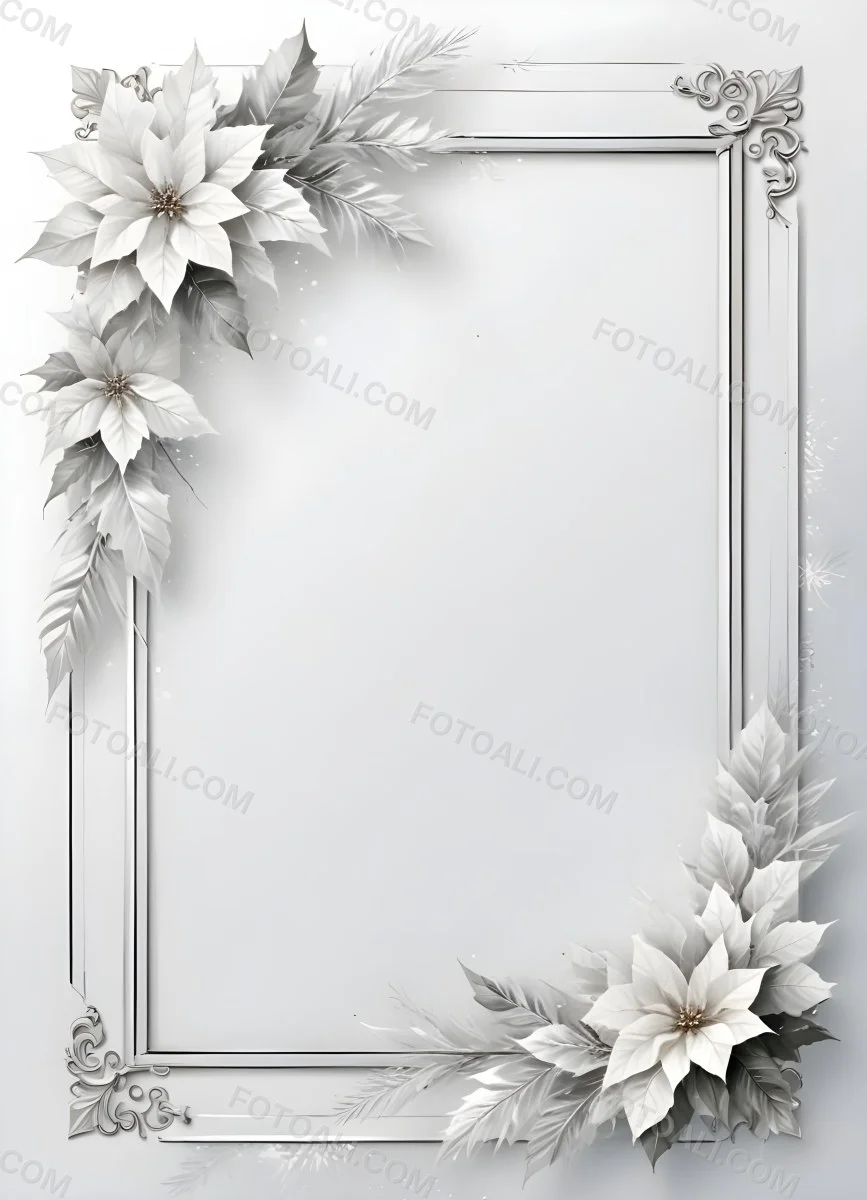 Digital Painting A White And Silver Winter Frame With Decorative Floral Elements Including Poinsettia Flowers And Pine Branches Against A Light Background Bold And Slim Lines Brush Strokes 95 F4cf