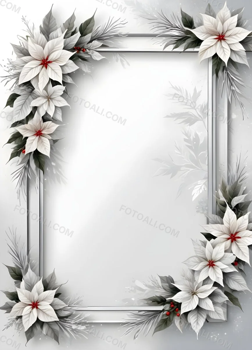 Digital Painting A White And Silver Winter Frame With Decorative Floral Elements Including Poinsettia Flowers And Pine Branches Against A Light Background Bold And Slim Lines Brush Strokes 96 7e69