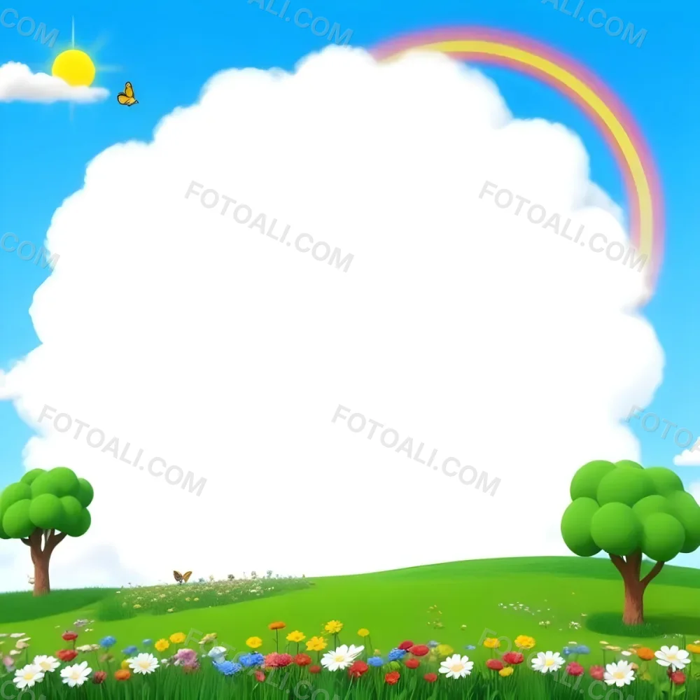 Digital Painting A White Cloud In A Blue Sky With A Rainbow A Yellow Sun And A White Cloud Green Grass With Flowers And Butterflies Bold And Slim Lines Brush Strokes 13 28b4