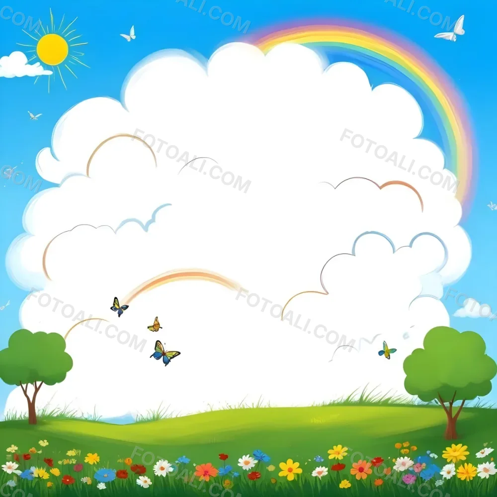 Digital Painting A White Cloud In A Blue Sky With A Rainbow A Yellow Sun And A White Cloud Green Grass With Flowers And Butterflies Bold And Slim Lines Brush Strokes 22 80ec