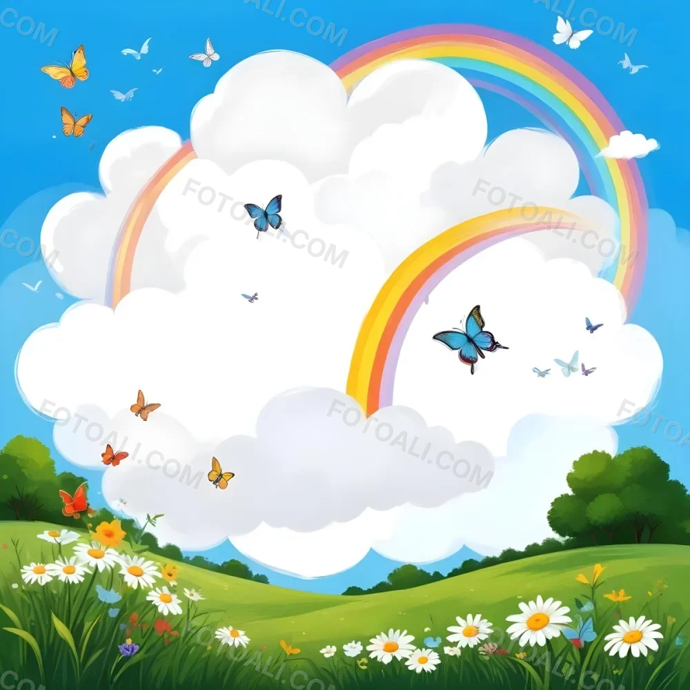 Digital Painting A White Cloud In A Blue Sky With A Rainbow A Yellow Sun And A White Cloud Green Grass With Flowers And Butterflies Bold And Slim Lines Brush Strokes 26 B802