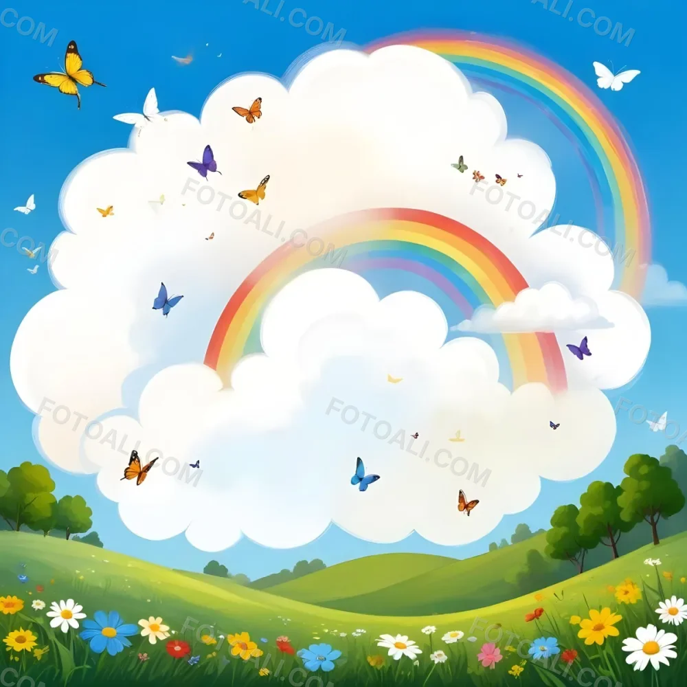 Digital Painting A White Cloud In A Blue Sky With A Rainbow A Yellow Sun And A White Cloud Green Grass With Flowers And Butterflies Bold And Slim Lines Brush Strokes 4 Adba