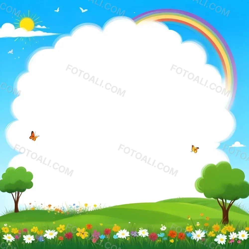 Digital Painting A White Cloud In A Blue Sky With A Rainbow A Yellow Sun And A White Cloud Green Grass With Flowers And Butterflies Bold And Slim Lines Brush Strokes 5 Abb2