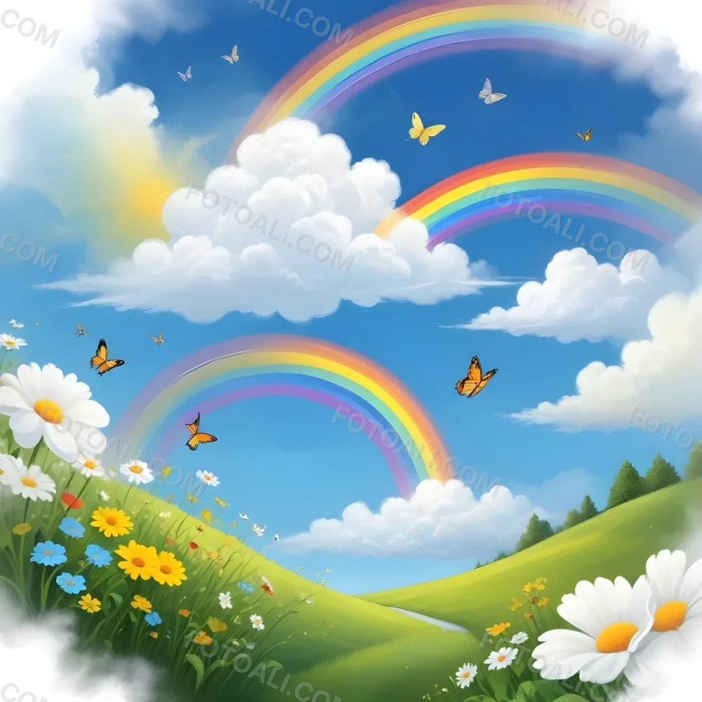 Digital Painting A White Cloud In A Blue Sky With A Rainbow A Yellow Sun And A White Cloud Green Grass With Flowers And Butterflies Bold And Slim Lines Brush Strokes 7 Bfb4